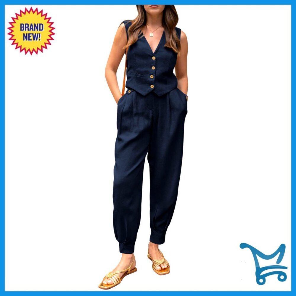V Neck Button Front Cropped Tank Top High Waisted Pants Matching Set Summer Chic